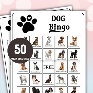 50 Cartões de Bingo para Cachorros Filhotes para Presente de Amante de Cachorros, Jogo de Festa de Aniversário de Cachorro Fofo para Imprimir, Download Digital, Cartões de Bingo Exclusivos