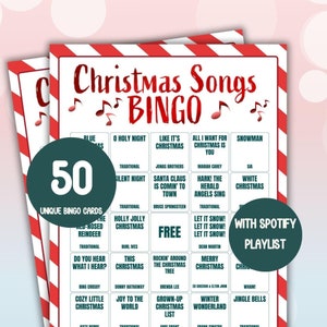 Bingogame kerstliedjes met afspeellijst met nummers! 50 bingokaarten voor kerstfeest op kantoor met tekstuitdaging! Quiz kerstliedjes
