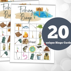 Juego de bingo de pesca: 20 tarjetas de bingo para baby shower de pescadores, bingo de pesca para cumpleaños, juego para personas mayores, juegos para niños, actividad de jubilación