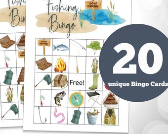 May include: Twenty unique bingo cards with a fishing theme. Each card has a 5x5 grid with images of fishing gear, fish, and other related items. The cards are printed on white paper with a watercolor background.