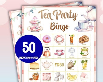 Tea Party Bingo, 50 Unique Printable Tea Party Bingo Cards for Kids Birthday, Ladies Game Night Party, Women’s Party Games