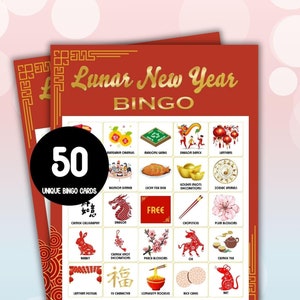 Lunar New Year Bingokarten, 50 chinesisches Neujahrs Bingokarten, Partyspiel für Kinder und Erwachsene, Lunar New Year 2025 Aktivitäten, druckbare Spiele
