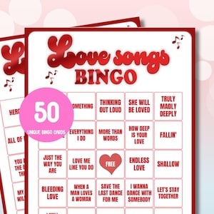 ¡Bingo de canciones de amor con lista de reproducción de canciones! ¡50 tarjetas de bingo para la fiesta del día de San Valentín con desafío de letras! Bingo de canciones de San Valentín para fiesta de chicas
