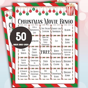 Juego de bingo de película navideña para televisión. 50 tarjetas de bingo para fiestas navideñas, fiestas de oficina, actividades de reunión familiar navideñas, descarga digital