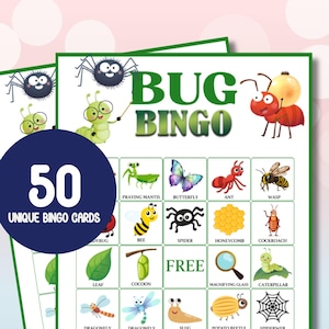 Bugbingospel, 50 insectenbingokaarten voor kampeerspel, natuurbingo voor griezelige kruipers, verjaardag spin