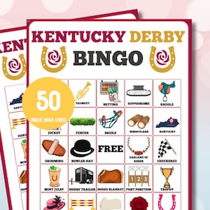 May include: A printable Kentucky Derby Bingo card with 50 unique bingo cards. The card features images of a jockey, a horse blanket, a horseshoe, a derby hat, a mint julep, a trumpet, a saddle, a garland of roses, a horse trailer, a checkered flag, a betting hand, a paddock blanket, a horse, a post position, a trophy, a fence, a bridle, binoculars, a Kentucky state outline, a grooming brush, a bowler hat, a hippodrome, and a horseshoe.