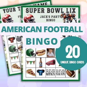 Juego de bingo de fútbol americano: 20 tarjetas de bingo para la fiesta nocturna del partido del Superbowl, juego de bingo de equipo de fútbol americano editable para el cumpleaños del entrenador
