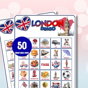 Bingo de voyage à Londres pour des vacances au Royaume-Uni, jeu de fête d'anniversaire sur le thème de Londres pour adultes et enfants, Bingo de l'explorateur de Londres pour des vacances au Royaume-Uni