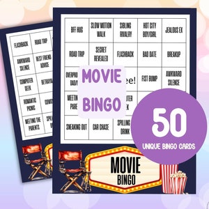 Juego de bingo para una noche de cine: 50 tarjetas de bingo para cinéfilos, diversión en una noche de cine, actividad para pasar la noche
