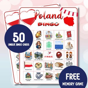 May include: Two Poland Bingo cards with a red and white heart design. The cards feature illustrations of Polish landmarks and cultural items. The text "Poland Bingo" is displayed at the top, with "50 Unique Bingo Cards" and "Free Memory Game" also visible.