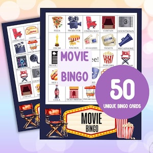 Juego de bingo para la noche de cine: 50 tarjetas de bingo para la noche de juegos de cine en familia, diversión nocturna de películas y actividades para fiestas de pijamas