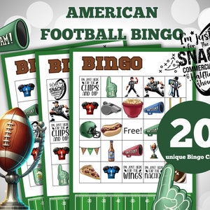 Juego de bingo de fútbol americano Superbowl: 20 tarjetas de bingo para una fiesta nocturna de fútbol americano