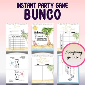 Folha de pontuação do Bunco de verão, folhas de contagem do Bunco de verão, kit de jogo de dados do Bunco de verão, cartões de pontuação do Bunco, regras do jogo do Bunco, números da mesa do Bunco