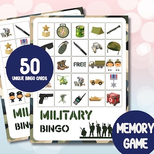 Military Bingo Game: Camo Birthday Party, 50 Unique Cards (Digital Download)
