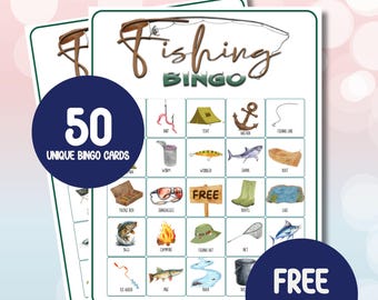 May include: Two Fishing Bingo game cards with a fishing rod illustration at the top. The cards feature fishing-related images and the text "Fishing Bingo." One card has a blue circle with "50 UNIQUE BINGO CARDS." Another has a blue circle with "FREE MEMORY GAME."