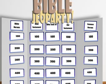 Peut inclure: Un jeu de société pliable avec le titre "BIBLE JEOPARTY!" en lettres marron. Les catégories incluent "Bible Heroes", "New Testament", "Who Said It?", "Old Testament" et "Famous Verses". Chaque catégorie a cinq valeurs de points : 100, 200, 300, 400 et 500. Le texte "INSTANT DOWNLOAD READY TO USE!" est en bas.