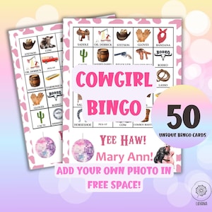 Jeu de bingo pour cow-girl - 50 cartes de bingo bricolage rodéo pour les filles soirée jeux, anniversaire western, cow-boy, cow-girl côtière EVJF