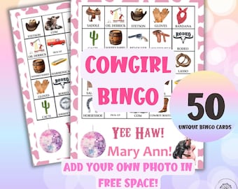 Cowgirl Bingo Game - 50 Rodeo DIY Bingo Cards for Girls Game Night, Western Birthday, Cowboy, Coastal Cowgirl Bachelorette Party