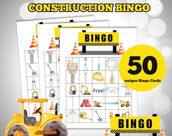 May include: Construction Bingo game with 50 unique cards. The cards feature images of construction tools and equipment, such as a hard hat, shovel, wrench, and safety glasses. The game is perfect for a construction-themed party or event.