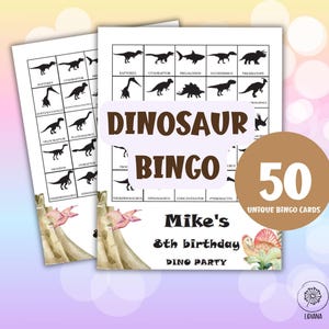 Juego de bingo de dinosaurios con texto personalizado y foto añadida: 50 tarjetas de bingo de dinosaurios para hacer tú mismo para la noche de juegos de niños, cumpleaños de T-Rex, bingo para hacer tú mismo