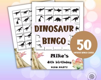 Könnte beinhalten: Ein Satz von 50 einzigartigen Dinosaurier-Bingo-Karten mit schwarz-weißen Dinosaurier-Illustrationen. Die Karten sind für eine Dinosaurier-Party konzipiert und tragen den Text "Dinosaur Bingo" und "Mike's 8th birthday Dino Party".