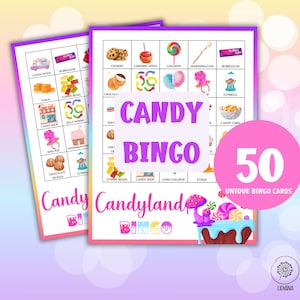 Bingo Candyland, 50 tarjetas de bingo de dulces y golosinas, juego de pijamas, juego de bingo de mesa para fiestas de cumpleaños, actividad de bingo para una noche de chicas, dulces