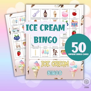 Gioco del Bingo del gelato - 50 cartelle del bingo per ragazze Serata di giochi, Compleanno del gelato, Attività estiva