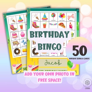 Jogo de bingo para aniversariantes com texto e foto personalizados - 50 cartões de bingo DIY para noite de jogos de meninos, aniversário pré-escolar, bingo de aprendizagem de inglês