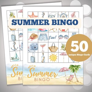 Gioco stampabile Hello Summer Bingo, gioco per feste in spiaggia - 50 cartelle bingo per serate di giochi per ragazze, bingo per le vacanze, giochi per feste in piscina