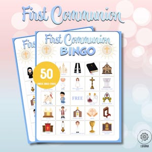 May include: Blue and white First Communion Bingo game with 50 unique bingo cards. The bingo card features images of religious items like a chalice, a cross, a bible, and a church.