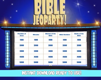 Peut inclure: Un jeu de société numérique "Bible Jeopardy!" avec des catégories telles que "Paraboles de Jésus" et "Miracles". Le jeu a un fond bleu avec des étoiles et le texte "INSTANT DOWNLOAD READY TO USE!"