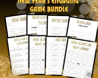 May include: A set of printable New Year's Eve party games. The games include "Mind Match", "What's on Your Phone", "Store Start", "Think Fast", "The Great Debate", "Find Someone Who Bingo", and "Table Talk".
