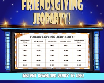 Op de afbeelding: Een digitaal Friendsgiving Jeopardy-spelbord met categorieën zoals Thanksgiving Trivia en Party Snacks. Het spelbord in gamestijl heeft een blauwe achtergrond met de tekst "FRIENDSGIVING JEOPARDY!" in goud. De onderkant luidt "INSTANT DOWNLOAD READY TO USE!"