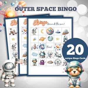 Jogo de Bingo de Astronauta - 20 Cartões de Bingo para Chá de Bebê ao Redor do Sol, Jogo de Bingo de Aniversário Editável no Espaço Sideral