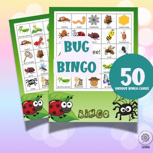 Juego de bingo de insectos con texto personalizado: 50 tarjetas de bingo de insectos para hacer tú mismo para la noche de juegos de niños, cumpleaños de arañas y fiestas de bichos espeluznantes