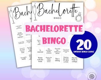 May include: Twenty printable bachelorette bingo cards with a pink and blue background. The cards feature a variety of prompts such as "Is married", "Works with the bride", and "Met the bride in college".