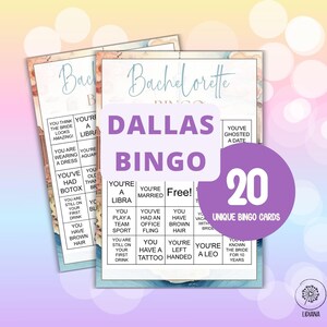 Juego de bingo para despedida de soltera en DALLAS: 20 tarjetas de bingo para la noche de juegos de niñas, despedida de soltera, fiesta de despedida de soltera, juego de beber