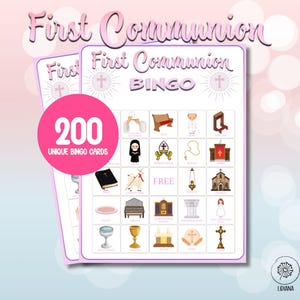 Roze bingospel eerste communie voor meisjes, activiteit religieuze geloofsvorming, 200 bingokaarten