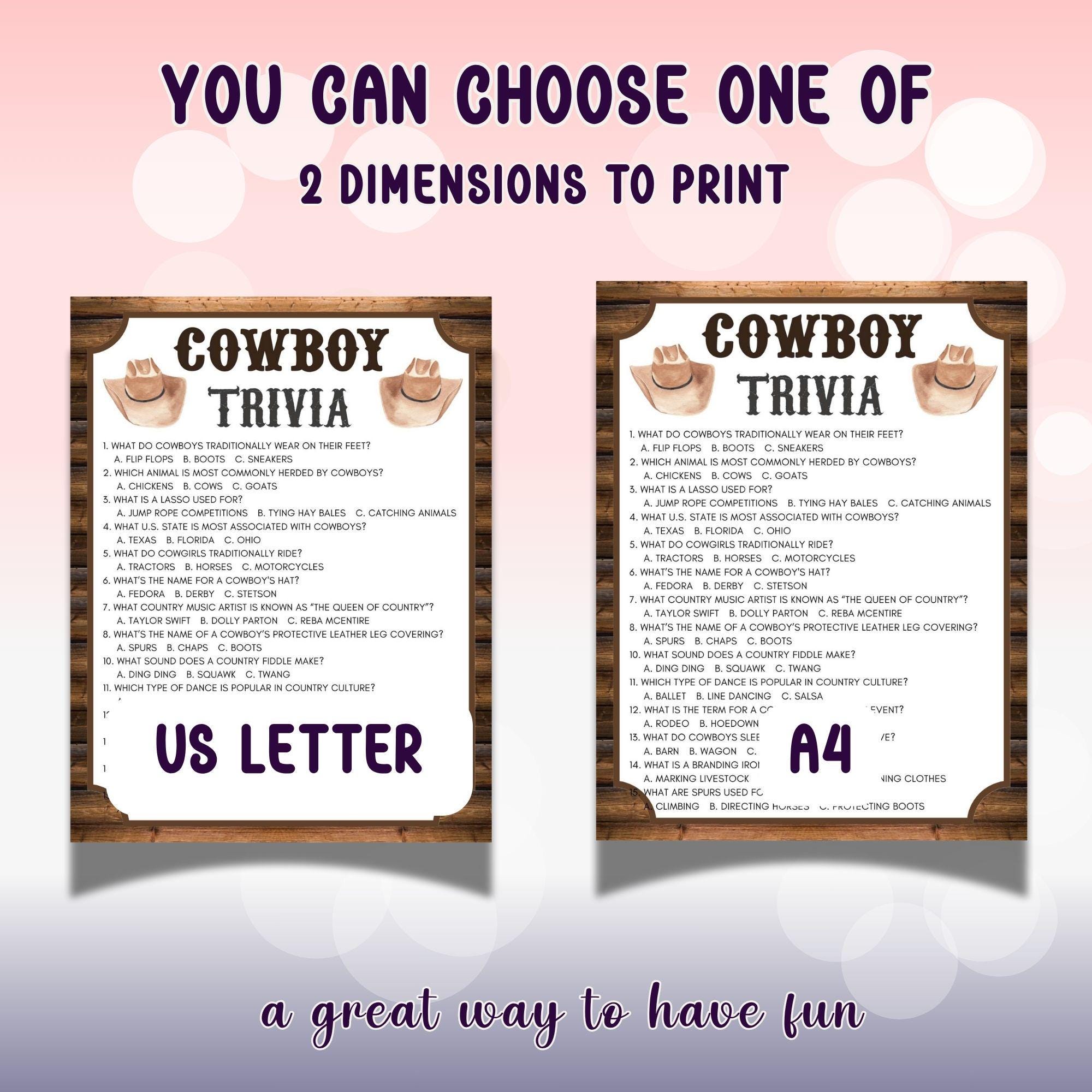 Wild West Trivia Game Cowboy/cowgirl Party Activity (digital Download