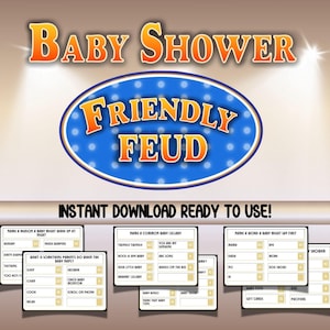 Op de afbeelding: Een printbaar babyshower-spel genaamd "Friendly Feud" met drie spelborden. De spelborden zijn blauw met witte stippen en hebben een gele rand. De spelborden hebben de volgende titels: "Noem een reden waarom een baby 's nachts wakker zou kunnen worden", "Noem een ​​bekend slaapliedje voor baby's", en "Noem een ​​woord dat een baby als eerste zou kunnen zeggen".