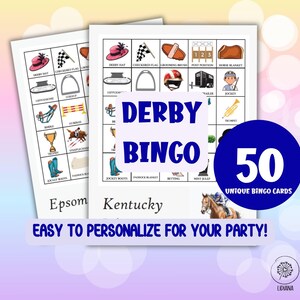 Gioco del Bingo Derby con testo personalizzabile - 50 cartelle fai da te per il Bingo dei Cavalli per serate di giochi tra ragazze, Bingo dei Pony per Bambini, Attività sulle Corse dei Cavalli