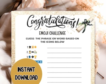 May include: A printable graduation party game with a gold glitter background. The game is called "Emoji Challenge" and asks players to guess the phrase or word based on the icons below. The game includes 10 emoji puzzles.