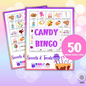 Gioco del bingo Sweets & Treats - 50 cartelle del bingo per serate di giochi per ragazze, compleanno di Candyland, gioco del pigiama party, attività del bingo per serate tra ragazze
