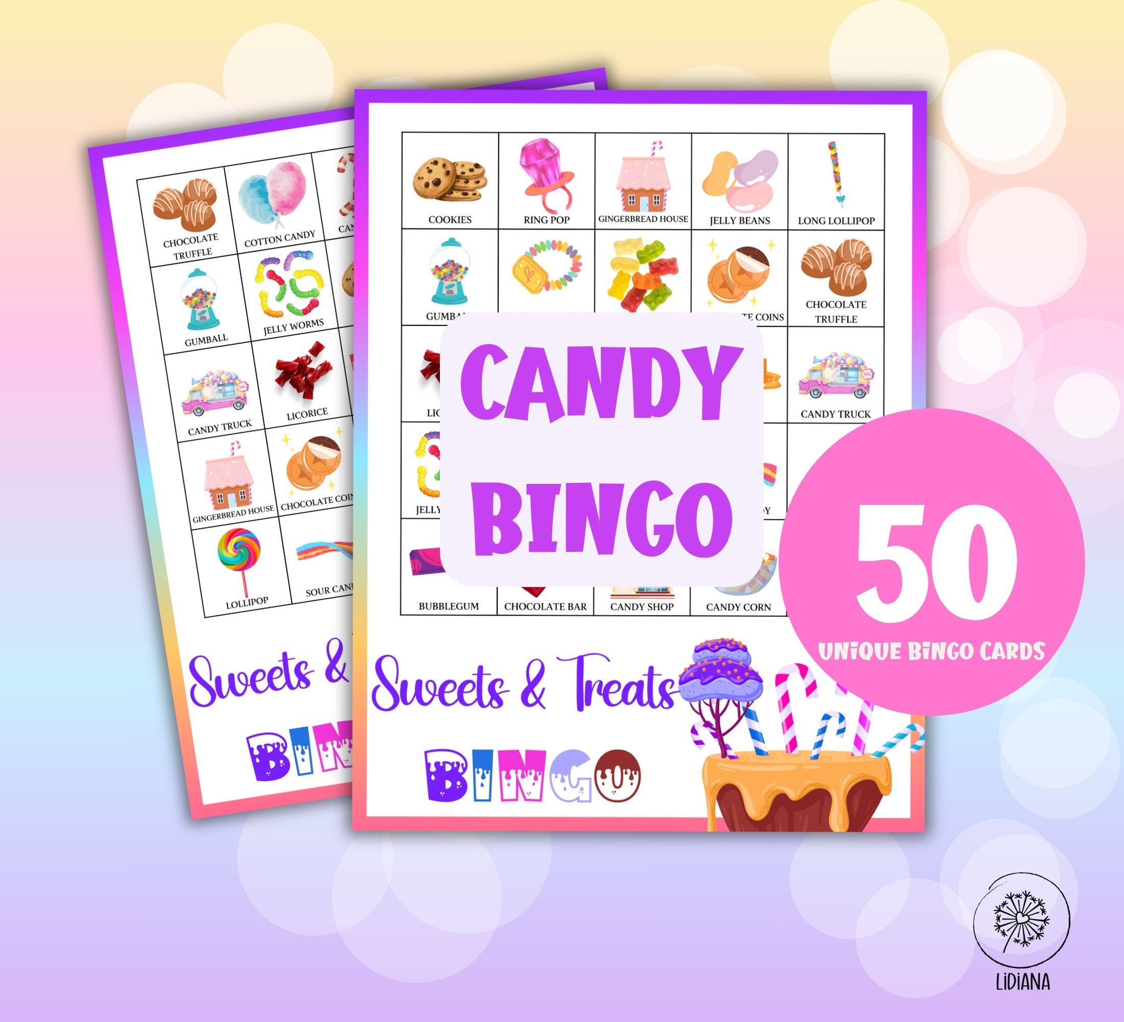 Sweets & Treats Bingo Game - 50 Bingo Cards for Girls Game Night, Candyland Birthday, Sleepover Game, Girls Night Bingo Activity