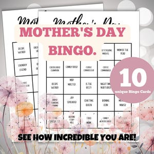 Bingo imprimable pour la fête des mères, 10 cartes de bingo pour la fête des mères, activité de bingo entre filles