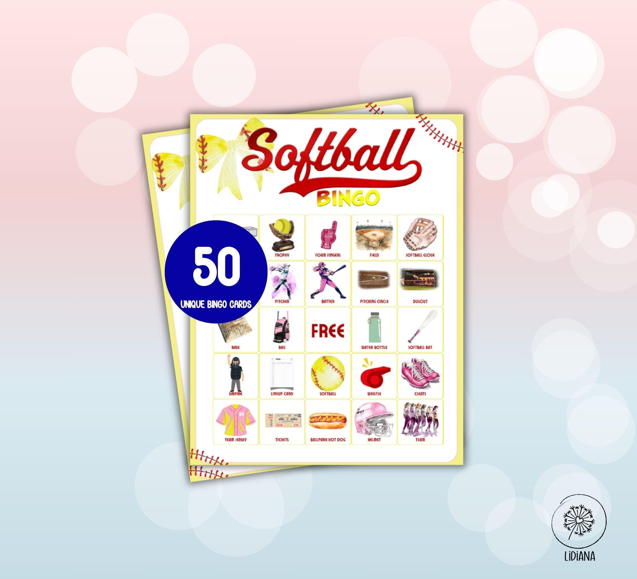 Softball Bingo Game: 50 Unique Printable Cards (Digital Download)