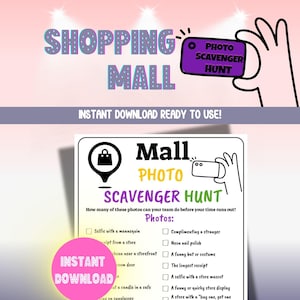 Shopping Mall Photo Scavenger Hunt for Kids, Instant Download, Teen Selfie Scavenger Hunt Activity - low cost birthday party idea