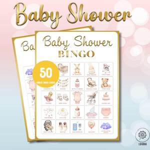 Baby Shower Bingo Cards, 50 Baby Girl Bingo Cards, Printable Baby Girl Bingo Cards, Baby Sprinkle, Gold