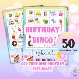 Juego de bingo para cumpleañeras: 50 tarjetas de bingo para hacer tú mismo para la noche de juegos de niñas, cumpleaños de preescolar, bingo para aprender inglés con texto y foto personalizados