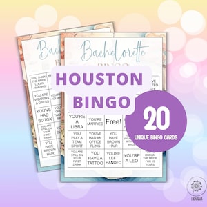 Juego de bingo para despedidas de soltera en Houston: 20 tarjetas de bingo para la noche de juegos de chicas de Texas, despedidas de soltera, despedidas de soltera y juegos para beber
